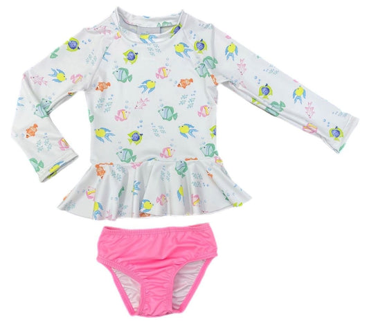 James & Lottie Girls Poppy Peplum Swim Set - Pink O'Fishally Fish Print by James & Lottie