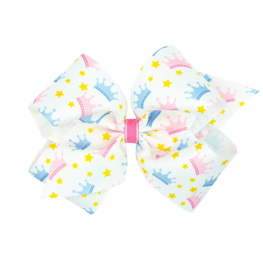 Wee Ones Girls Hair Bow on Clip - Pink & Blue Crowns Print