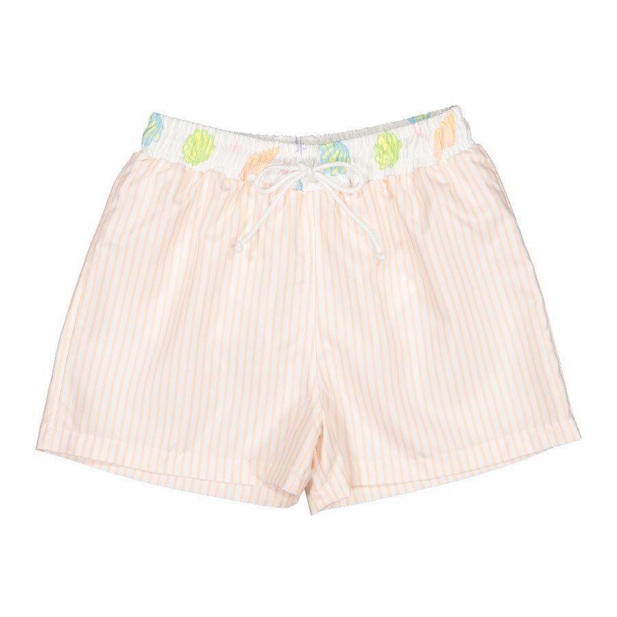 Sal & Pimenta Boys Swim Trunks - Coral Stripes - Seashells Trim