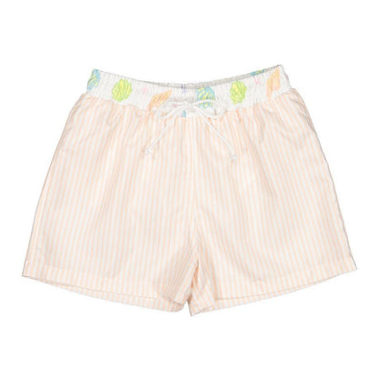 Sal & Pimenta Boys Swim Trunks - Coral Stripes - Seashells Trim