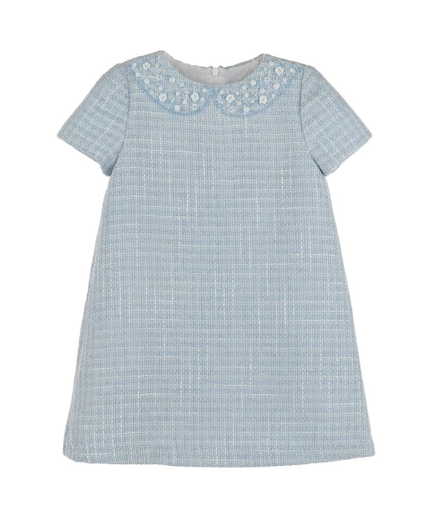 Luli & Me Girls Embroidery Collar Tweed A-Line Dress - Blue