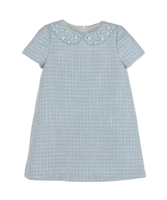 Luli & Me Girls Embroidery Collar Tweed A-Line Dress - Blue