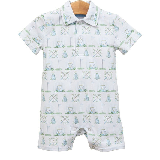 Trotter Street Kids Baby Boys Blue Golf Hole in One Print Polo Romper
