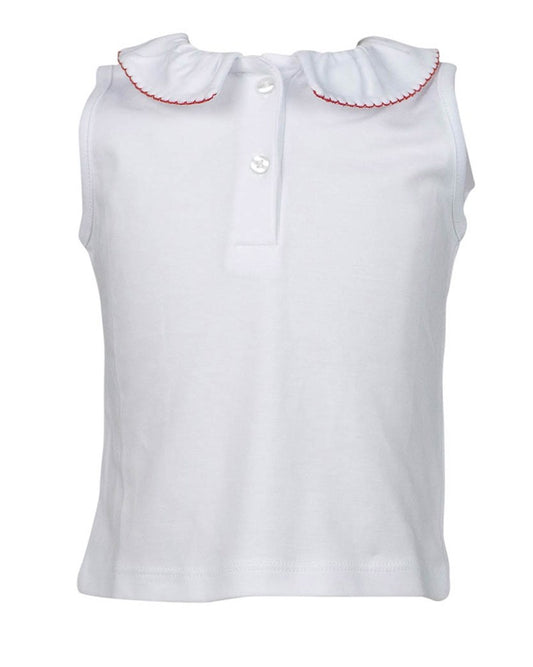 Proper Peony Girls Sleeveless White Pima Top - Collar Trimmed in Red