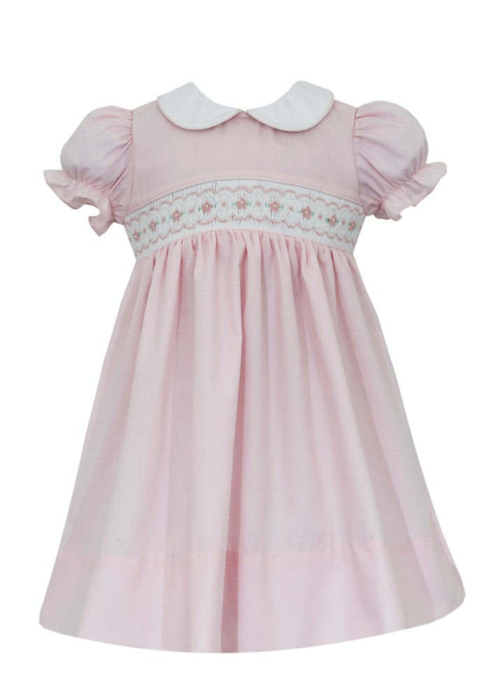 Petit Bebe Girls Pink Poplin Smocked Dress with Collar