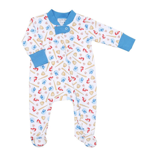 Magnolia Baby Boys Blue Baseball Field of Dreams Printed Zipper Footie