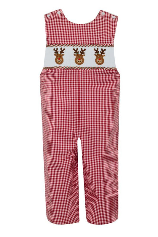 Anavini Velani Boys Red Gingham Longall - Smocked Reindeer Faces