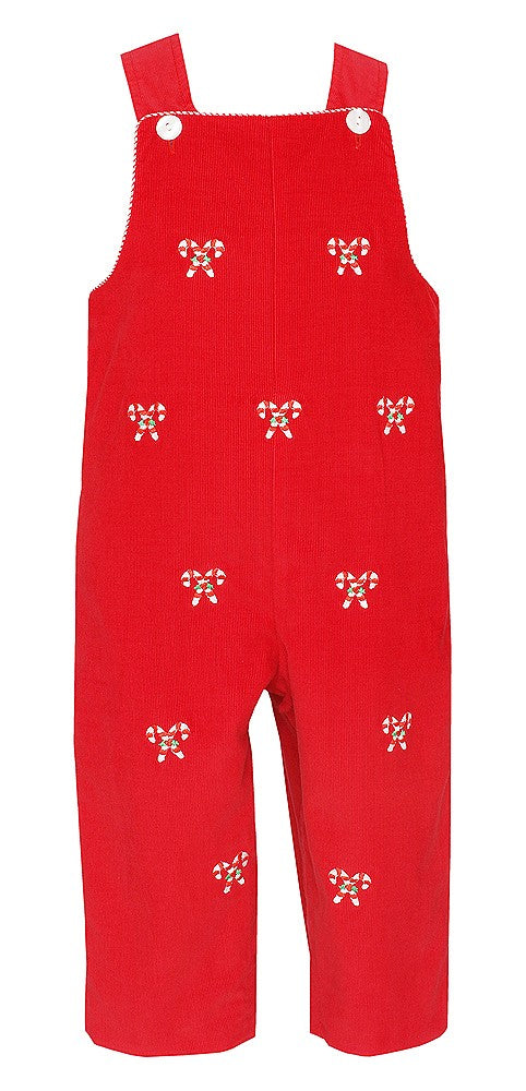 Anavini Baby / Toddler Boys Red Corduroy Longall - Embroidered Candy Canes - Reverses to Green Check