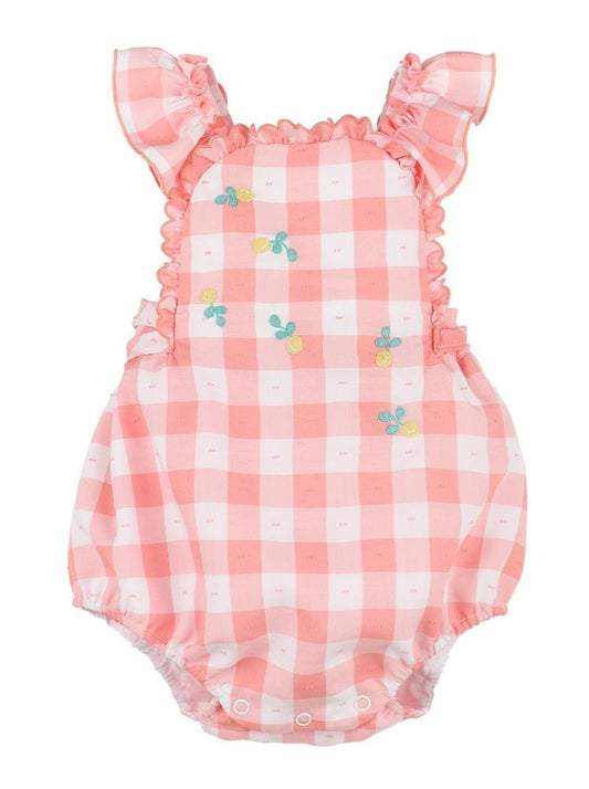Sophie & Lucas Baby Girls Coral Check Bubble - Embroidery Lemons