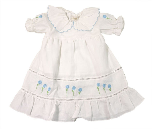 Sal & Pimenta Girls White Linen Dress - Blue Flower Embroidery - Ruffle Hem by Sal & Pimenta