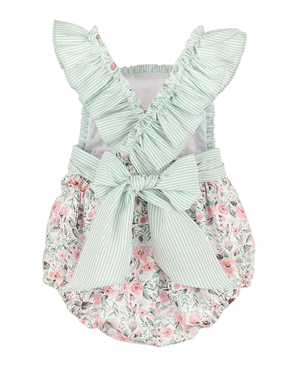 Sophie & Lucas Girls Green Vintage Floral Sip & See Bubble - Bow on Back