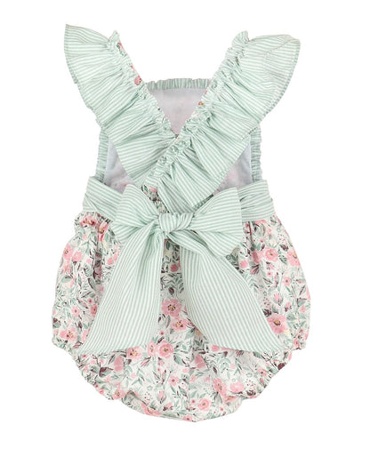 Sophie & Lucas Girls Green Vintage Floral Sip & See Bubble - Bow on Back