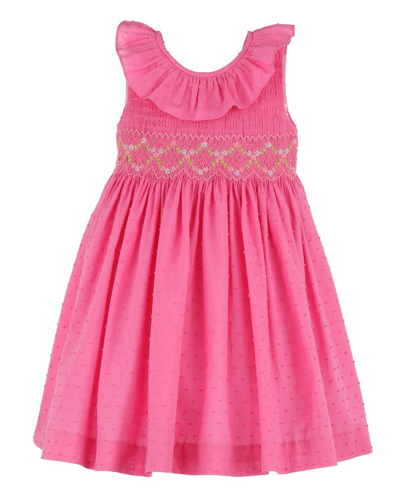 Luli & Me Girls Classic Dotted Swiss Smocked Dress - Fuchsia Pink