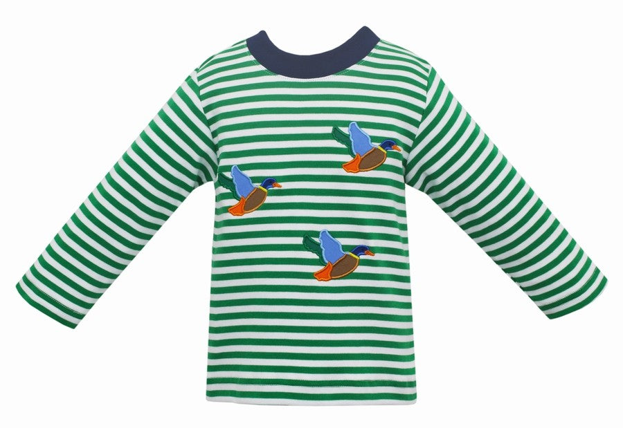 Claire & Charlie Boys Green Stripe Shirt - Applique Mallard Ducks