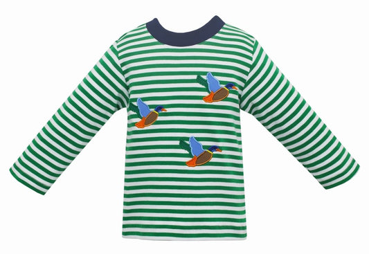 Claire & Charlie Boys Green Stripe Shirt - Applique Mallard Ducks