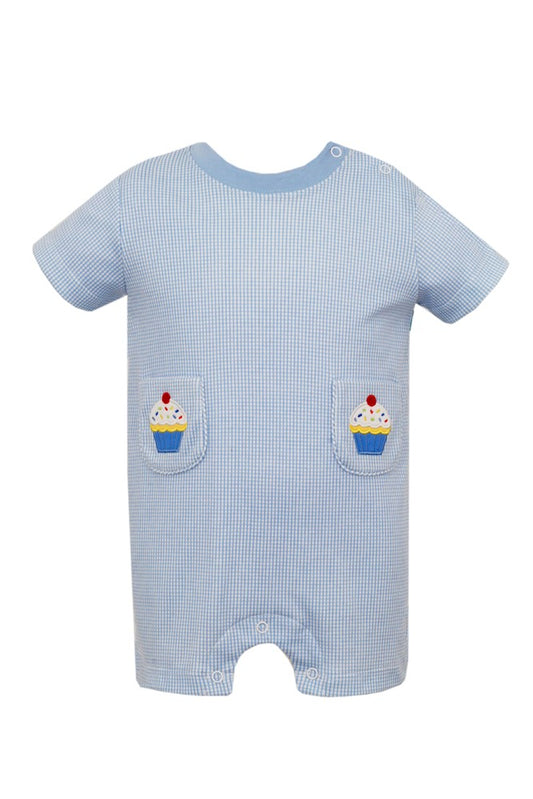 Claire & Charlie Baby Boys Blue Gingham Knit Romper - Birthday Cupcakes