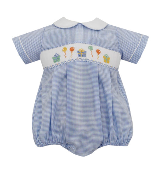 Petit Bebe Baby Boys Blue Gingham Smocked Birthday Party Bubble