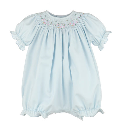 Luli & Me Baby Girls Floral Wreath Smocked Bubble - Blue
