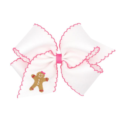 Wee Ones Girls Hair Bow on Clip - White with Pink Moonstitch - Embroidery Gingerbread