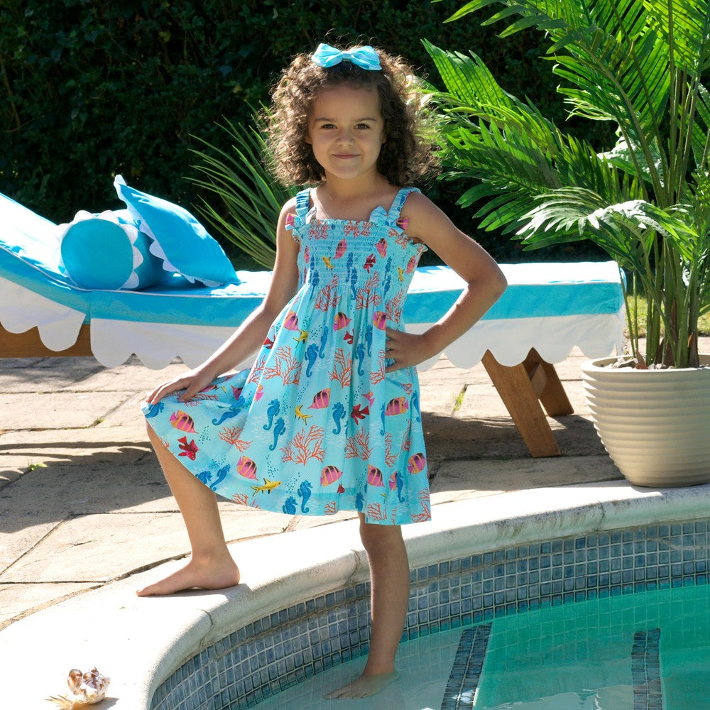 Rachel Riley London Girls Smocked Sundress - Coral Reef