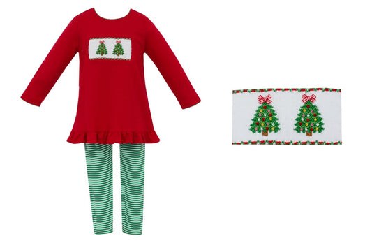 Anavini Girls Green Striped Leggings with Red Smocked Christmas Trees Top
