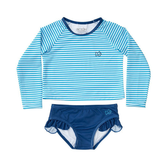 Prodoh Girls Reef Rash Guard Swimsuit - Swim Cap Blue Stripes