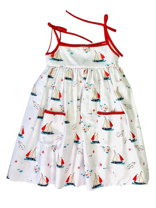 The Best Dressed Child Girls Sun Dress with Pockets - Red & Blue Sailboat Print