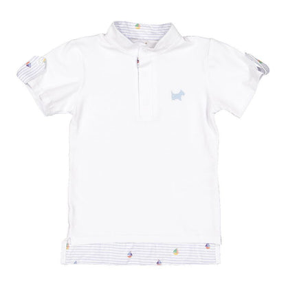 Sal & Pimenta Boys White Polo Shirt - Nautical Print Trim