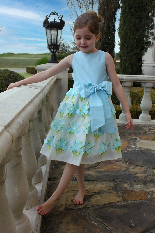 Susanne Lively Girls Petals Bouquet Dress with Sash - Blue / Green