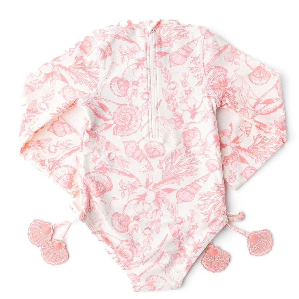 Shade Critters Girls One Piece Long Sleeve Swimsuit - Pink Seaside Shell Toile