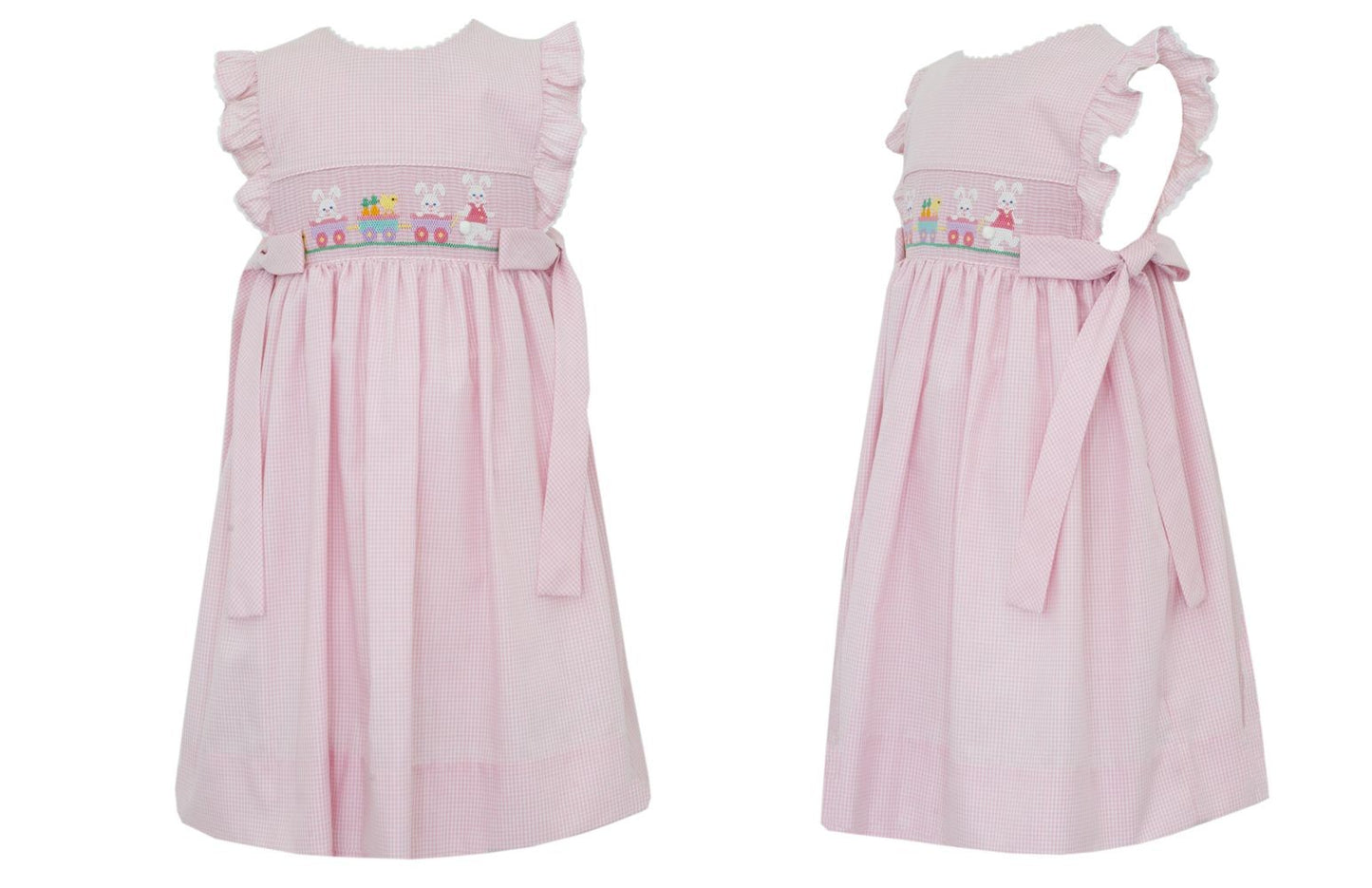 Anavini Velani Girls Pink Gingham Smocked Bunnies Wagon Dress with side bows