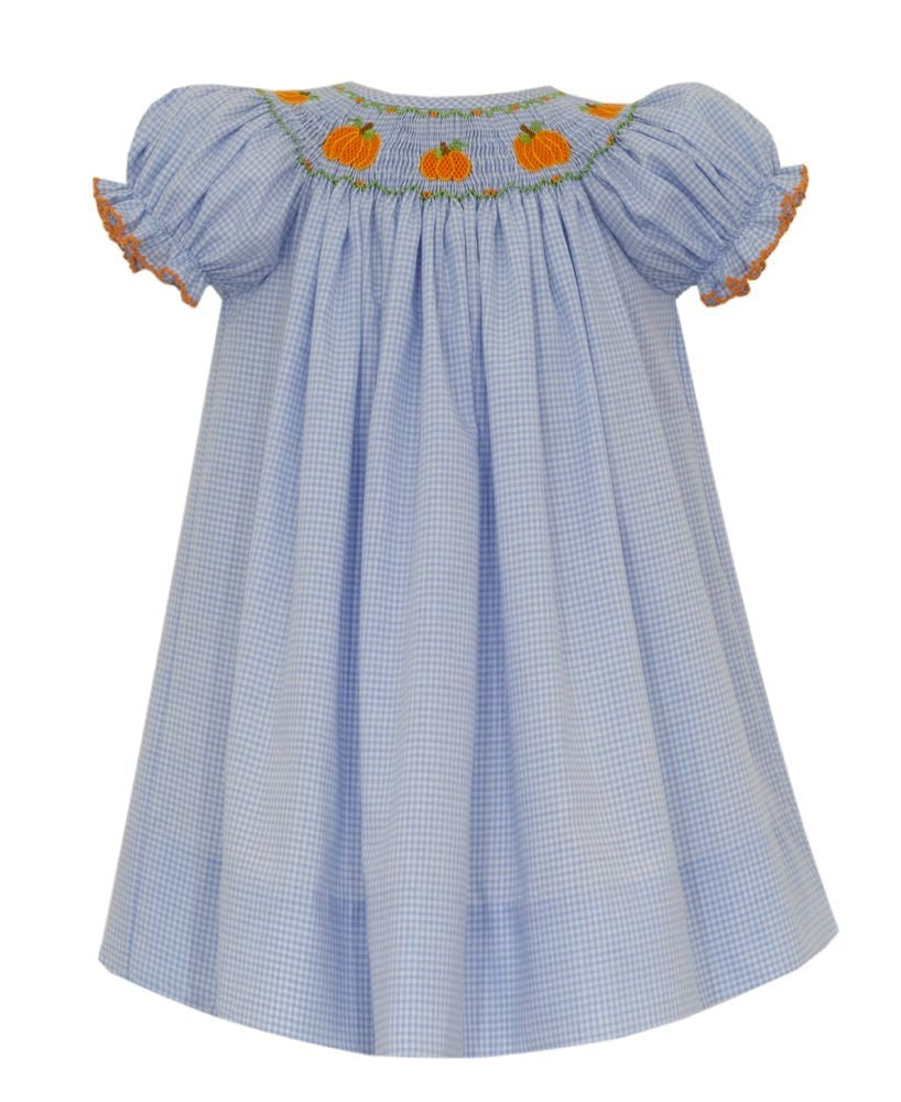 Petit Bebe Baby Girls Blue Gingham Smocked Pumpkins Bishop Dress