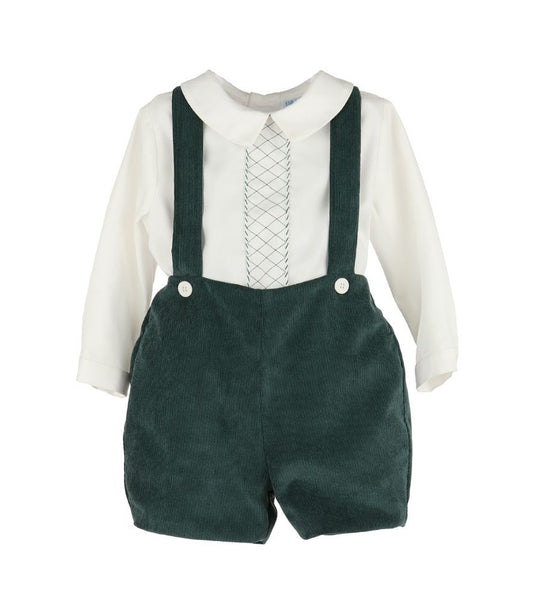 Luli & Me Boys Winterberry Cord Suspender Shorts Set - Green