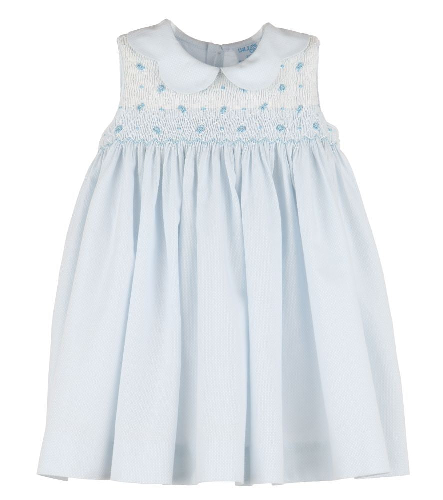 Luli & Me Girls Blue Sleeveless Smocked Dress - Petal Collar