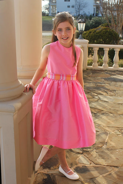 Susanne Lively Girls Candy Pink Sleeveless Dress with Plaid Sash