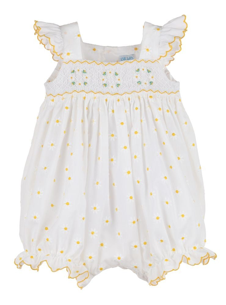 Luli & Me White Baby Girls White Embroidered Yellow Daisies Smocked Bubble