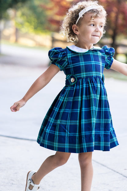 Marco & Lizzy Girls Blue / Green Blackwatch Plaid Dress - White Collar