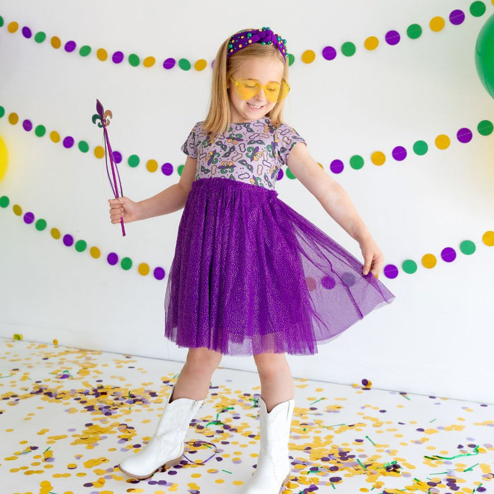 Sweet Wink Girls Purple Tulle Mardi Gras Print Tutu Dress