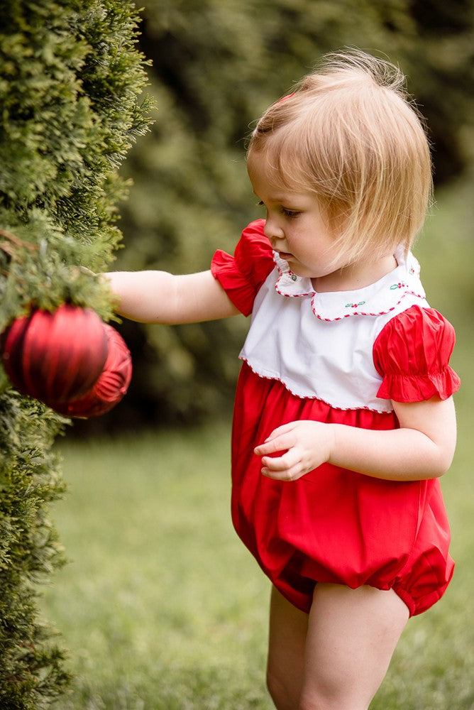 Proper Peony Baby Girls Bubble - Red Tinsel Christmas Holly Collar