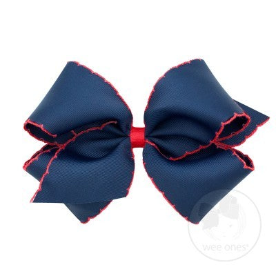 Wee Ones Girls Classic Moonstitch Bow - Navy Blue with Red