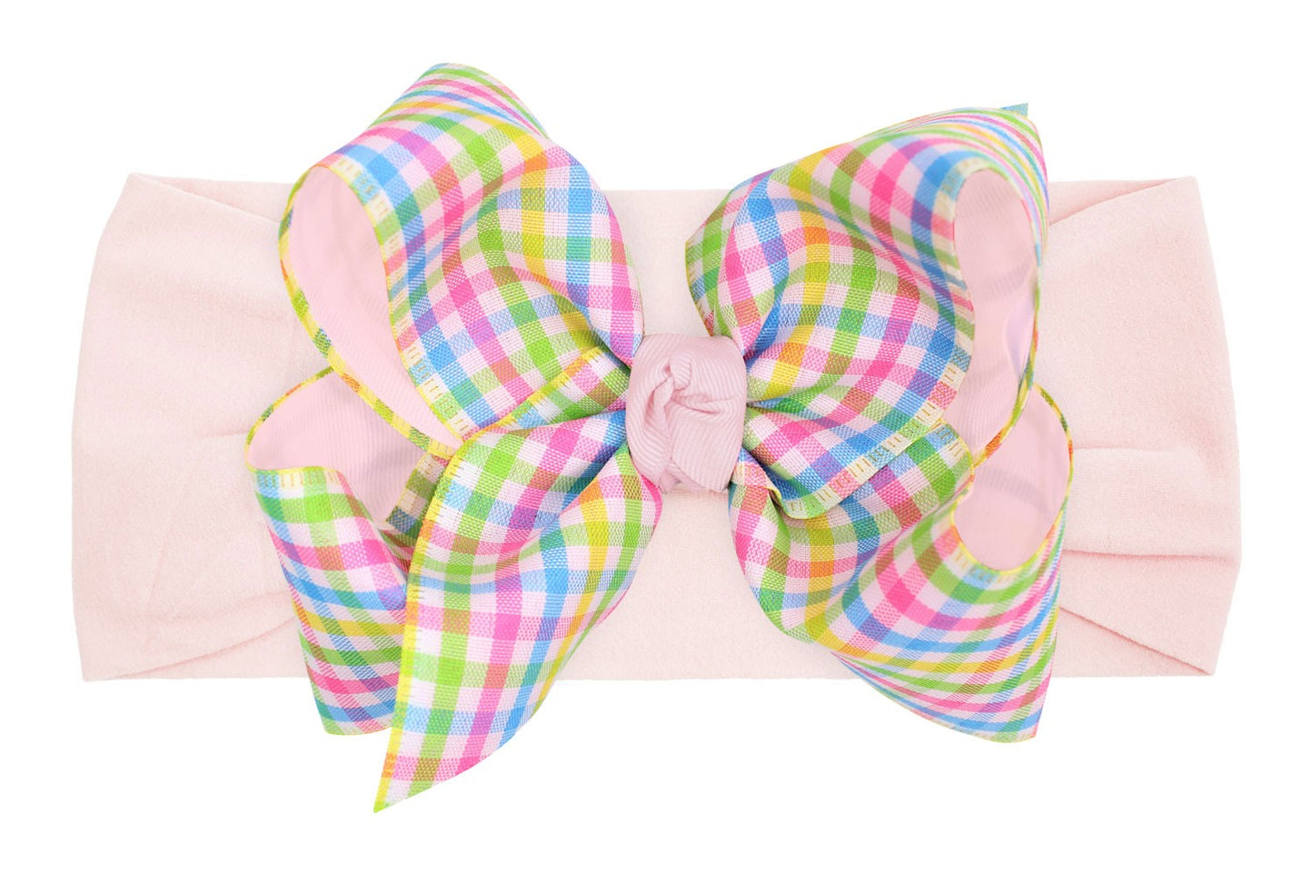 Beyond Creations Girls Wide Pantyhose Headband with Attached Extra Large Bow - Pink Pastels Plaid