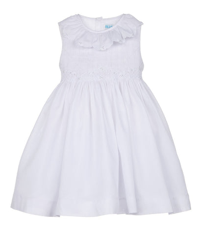 Luli & Me Girls Sleeveless White Fully Smocked Bodice Dress - Ruffle Neck & Sash