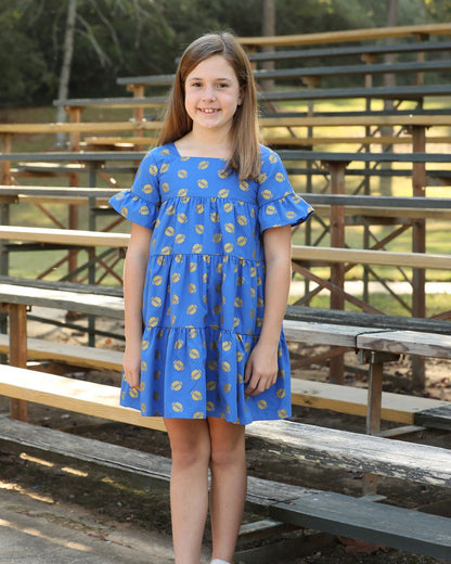 Yellow Lamb Girls Game Day Tiered Dress - Gold Footballs - Kentucky Blue