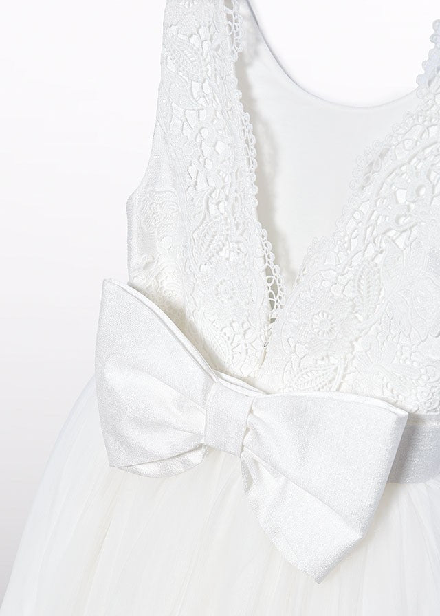 Abel & Lula Girls Embroidered Lace Tulle Special Occasion Dress - V-Back with Bow & Sash