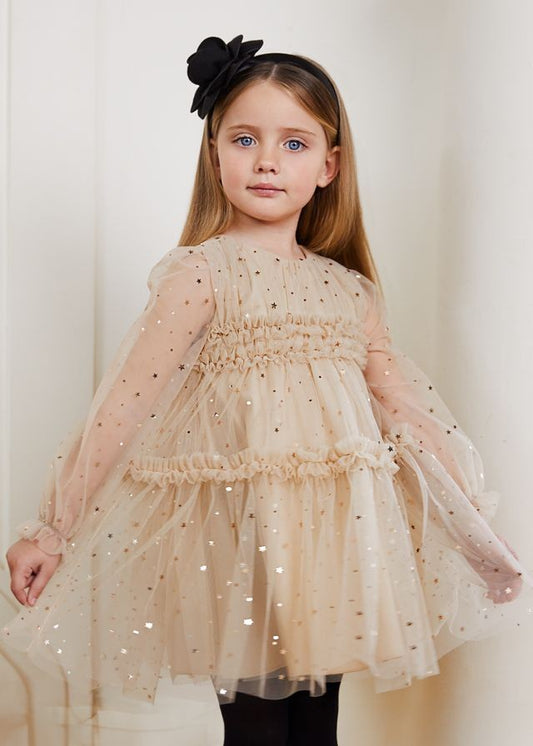 Abel & Lula Girls Gold Tulle Stars Tiered Holiday Party Dress