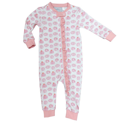 James & Lottie Girls One Piece Zip Up Jammies - Pumpkins - Pink