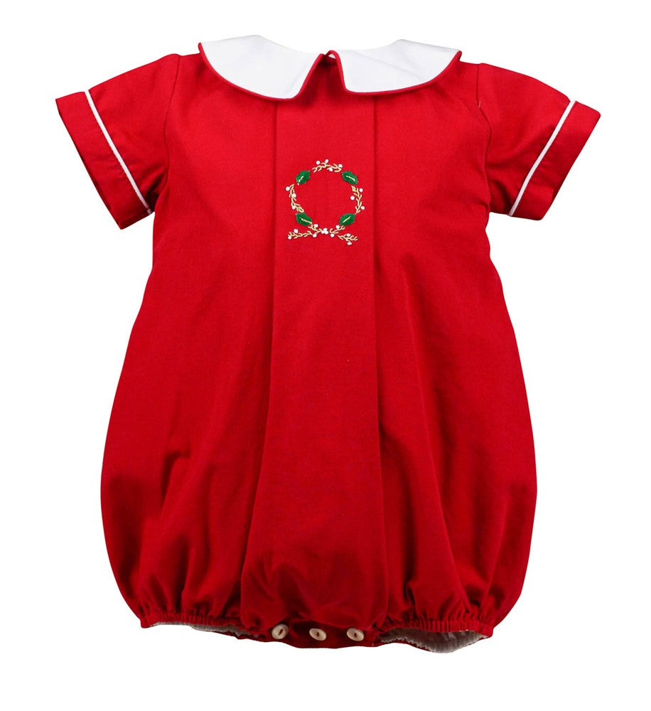 Proper Peony Baby Boys Red Bubble - Embroidered Yuletide Christmas Wreath