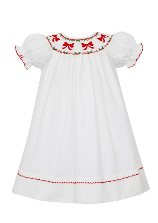 Anavini Couture Baby Girls Winter White Corduroy Bishop Dress - Smocked Red Bows