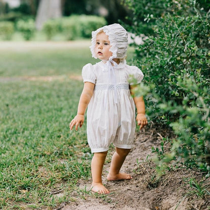 Feltman Brothers Baby Girls Ivory Vintage Romper - Smocked in Blue - Lace Trim