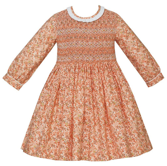 Anavini Couture Girls Orange Fall Floral Dress - Fully Smocked Bodice - Long Sleeves